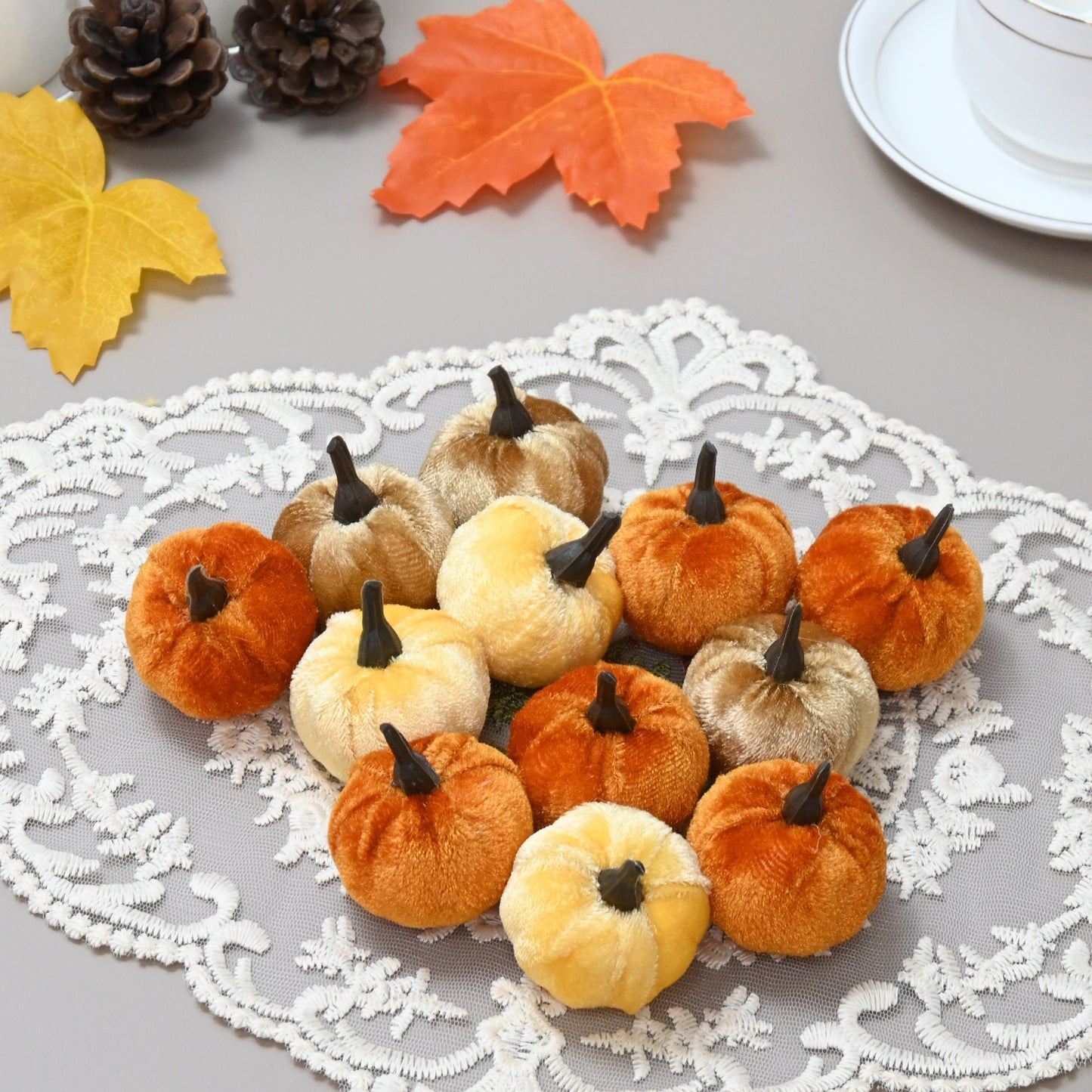 12-Piece Autumn Pumpkin Set with Wooden Containers – Rustic Velvet & Plastic Decor for Fall, Thanksgiving, and Halloween