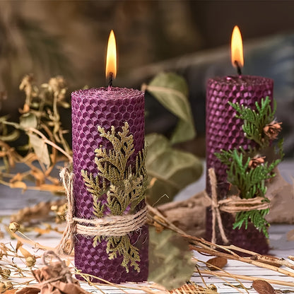 Beeswax Aromatherapy Candles Set of 4 - Hand-Rolled Pillar Candles with Honeycomb Texture, Dried Flowers Embellishment