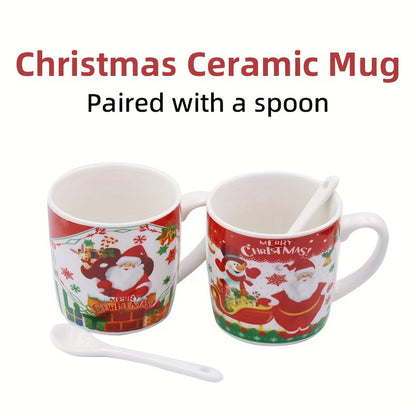 1pc, Christmas Coffee Mug With Spoon, 6.76oz Ceramic Coffee Cups, Water Cups, Summer Winter Drinkware, Xmas Gifts