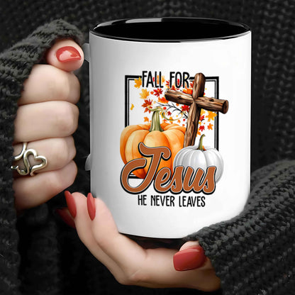 Funny Maple Leaf Pumpkin Cross Ceramic Mug – Fall For Jesus, He Never Leaves