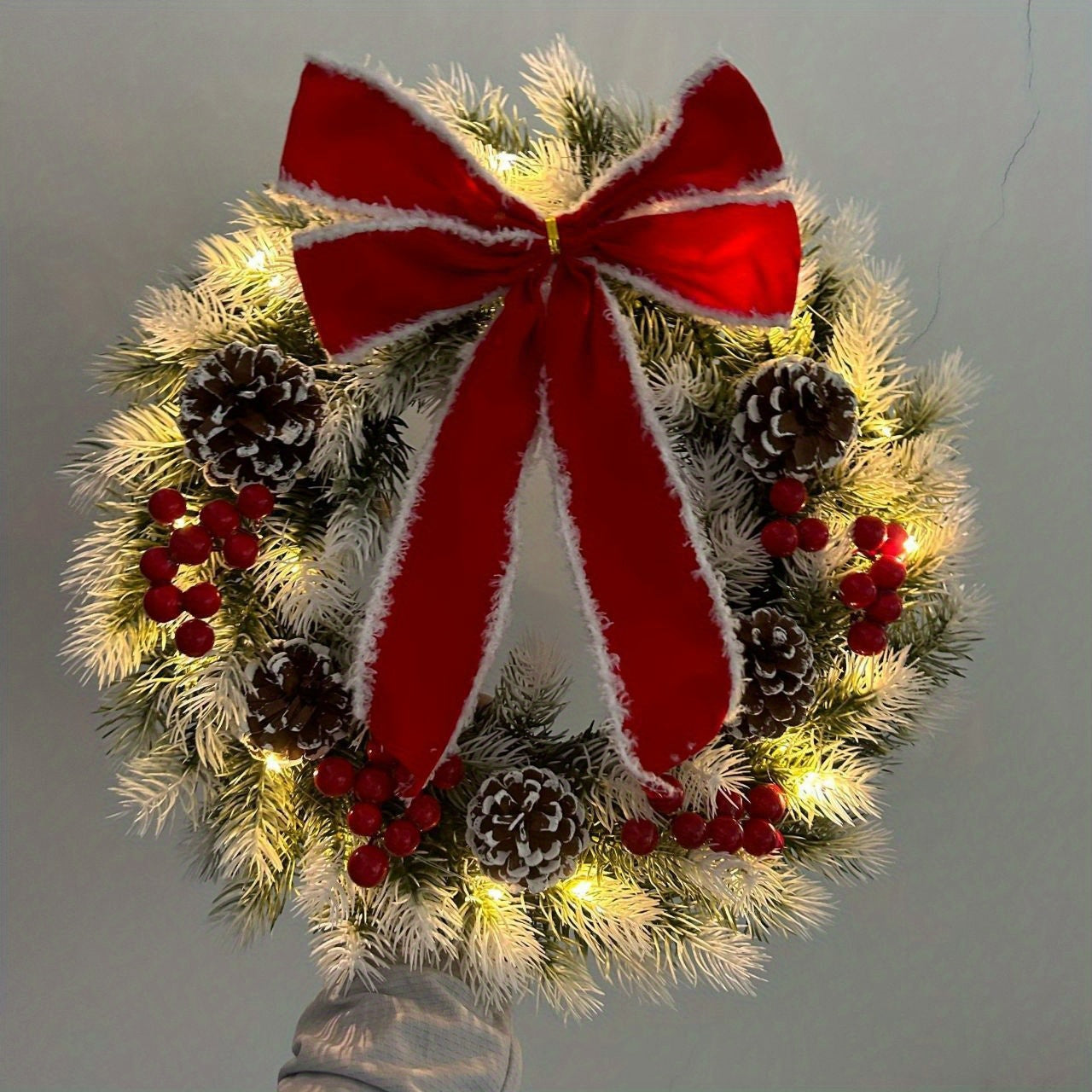 16-Inch LED Christmas Wreath with Pinecones, Red Berries & Bowknot - Perfect Lighted Décor for Winter Holidays