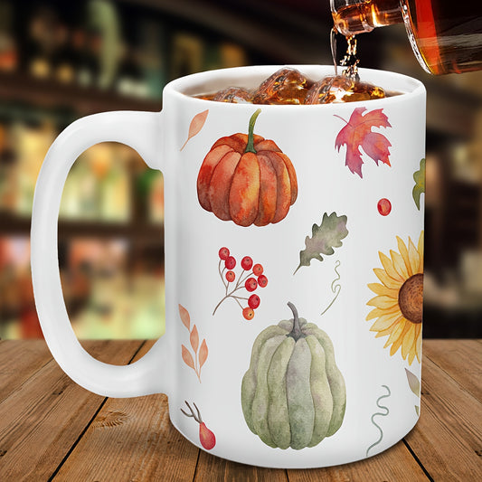 Thanksgiving Delight 15oz Ceramic Coffee Mug with Pumpkin & Leaves Design – Insulated & Reusable Drinkware