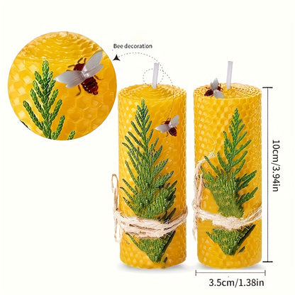 Beeswax Aromatherapy Candles Set of 4 - Hand-Rolled Pillar Candles with Honeycomb Texture, Dried Flowers Embellishment