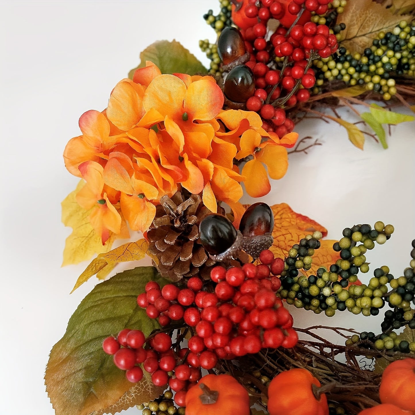 20 Inch Mini Fall Wreath with Pumpkins & Berries - Thanksgiving & Harvest Décor