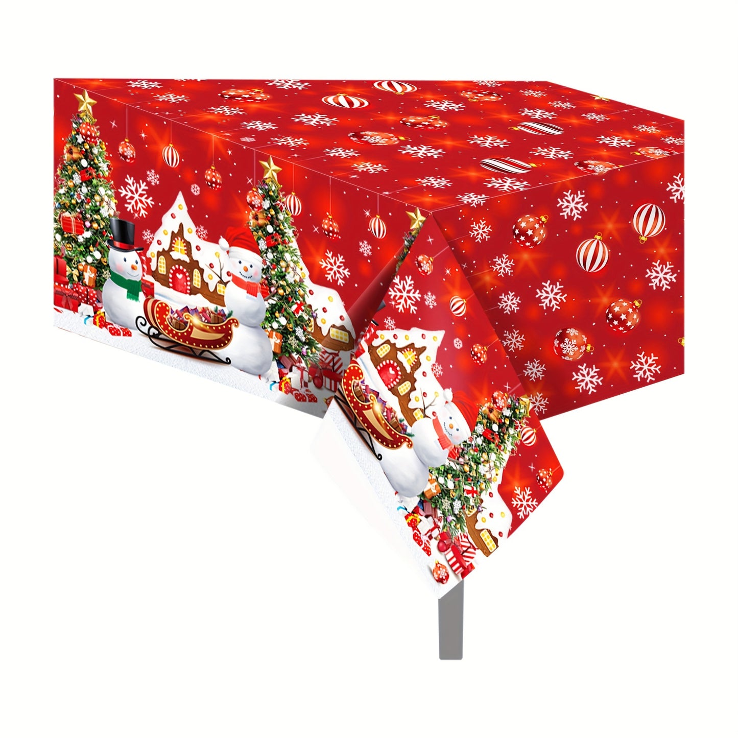 Festive Christmas Party Tablecloth - Red Plastic Table Cover with Snowmen, Trees, and Gifts Design for Holiday Events and Xmas Party Supplies