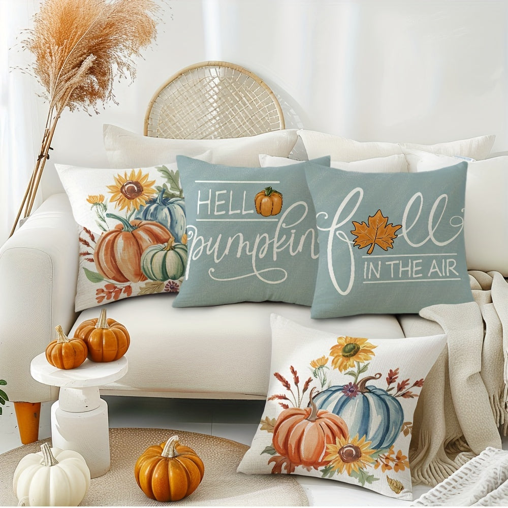 4PCS Fall Throw Pillow Covers – "Hello Pumpkin" & Harvest Designs, Farmhouse Style (18x18”)