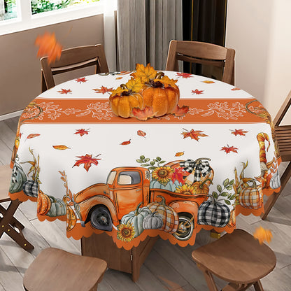 Autumn Harvest Tablecloth with Pumpkin, Maple Leaf & Birds Design – Machine-Woven Polyester with PVC Coating