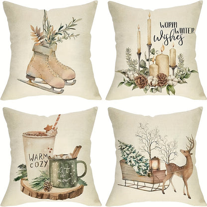 4-Piece Christmas Polyester Throw Pillow Case Set – Ice Skate, Candle, and Christmas Tree Designs for Festive Home Decor