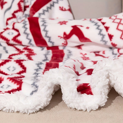 Cozy Christmas Sherpa Blanket – Soft Plush Winter Cabin Throw for Boys and Girls with Reindeer & Snowflake Design