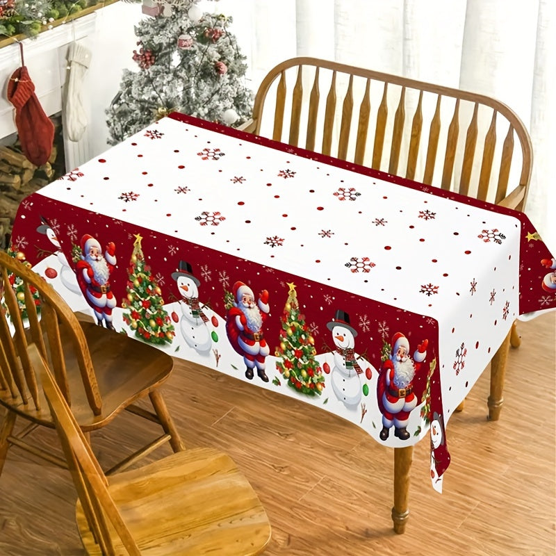 Festive Christmas Tablecloth - Santa, Snowman & Xmas Tree Design, 51x87 Disposable Plastic Cover for Holiday Dining & Décor