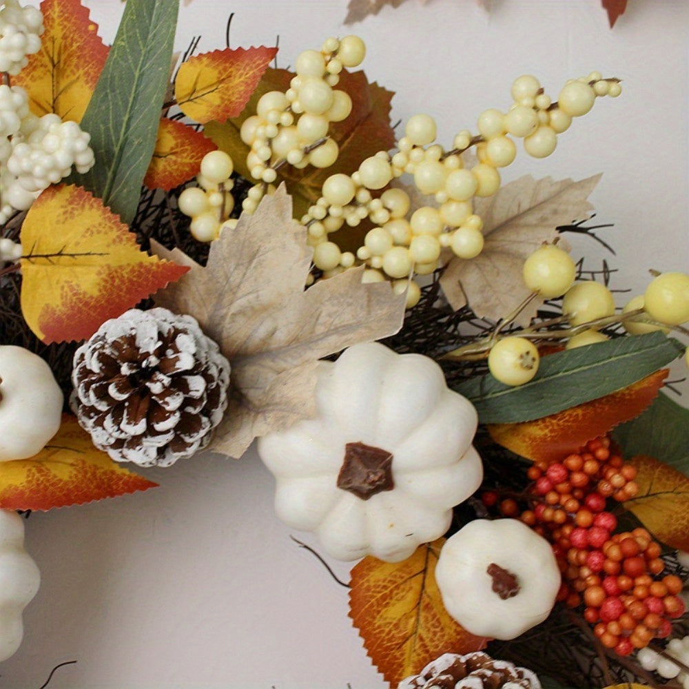 19in Fall Wreath with Pumpkins, Maple Leaves & Acorns - Thanksgiving & Halloween Décor