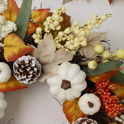 19in Fall Wreath with Pumpkins, Maple Leaves & Acorns - Thanksgiving & Halloween Décor