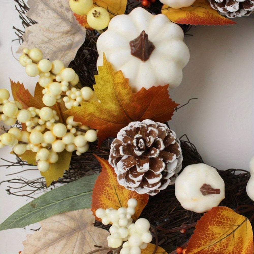 19in Fall Wreath with Pumpkins, Maple Leaves & Acorns - Thanksgiving & Halloween Décor