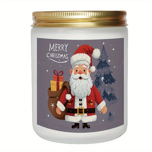 Christmas Santa Claus Illustration Soy Wax Candle - Lavender Scented Single Wick Candle in Round Glass Jar with Glitter Embellishment, 7oz