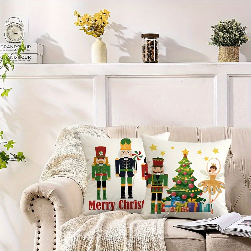 4-Piece Merry Christmas Cushion Cover Set – Festive Cartoon & Xmas Tree Designs for Indoor & Outdoor Decor