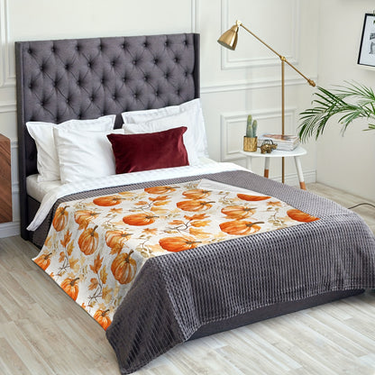 Cozy Flannel Thanksgiving Blanket – Rustic Pumpkin & Maple Leaf Design, Soft Fall Throw