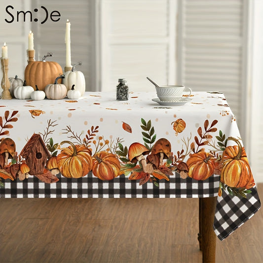 Fall Tablecloth & Napkin Set – Black Buffalo Plaid with Pumpkin & Mushroom Design