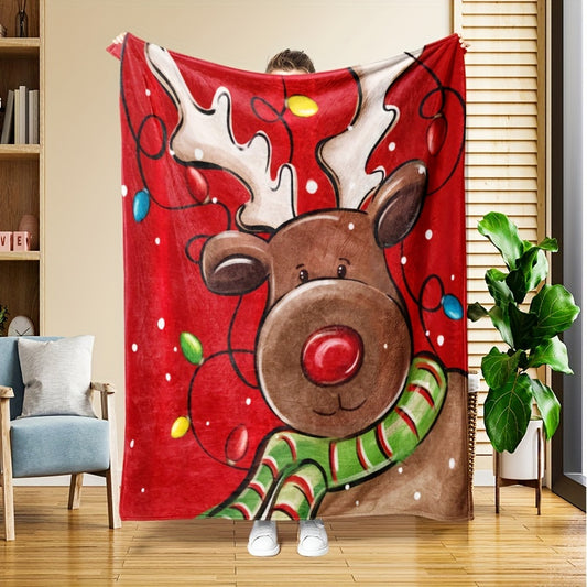 Festive Christmas Reindeer Pattern Fleece Throw Blanket – Multi-Purpose, Available in Various Sizes, Suitable for All Seasons