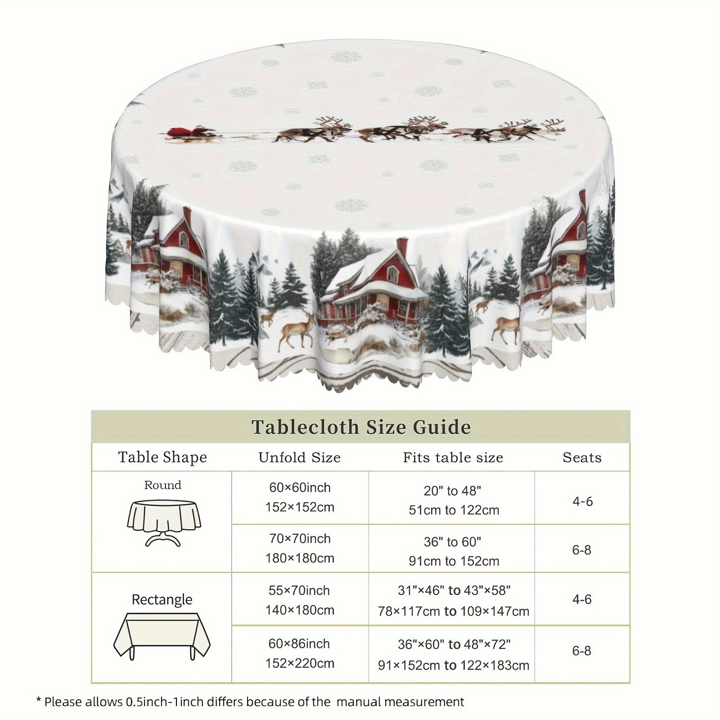 Christmas Cheer Tablecloth - Polyester Snowy Elk & Santa Design with Embossed Edge, Stain & Water Resistant for Holiday Dining, Parties, and Outdoor Picnics