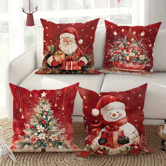 4-Piece Velvet Christmas Tree, Snowman & Santa Throw Pillow Covers – Cozy Soft Decorative Pillowcases for Winter Decor