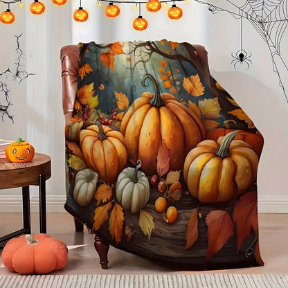 Thanksgiving Pumpkin & Maple Leaf Flannel Blanket – Cozy All-Season Throw for Home & Travel