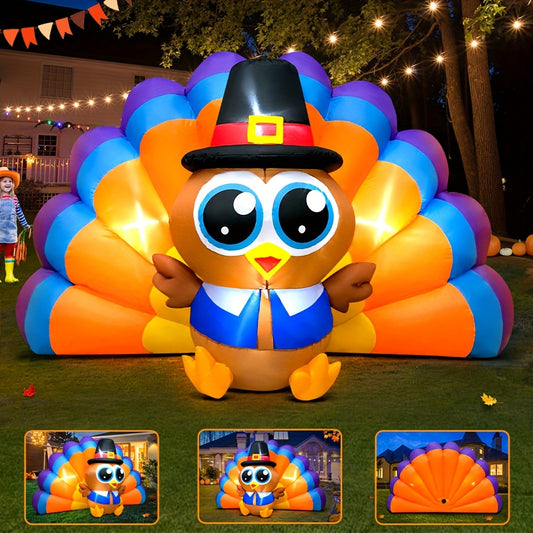 6ft Vibrant Inflatable Turkey with Pilgrim Cap & LED Lights - Thanksgiving Yard Décor