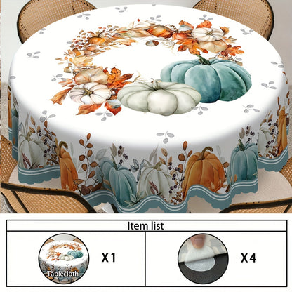 Autumn Harvest Tablecloth with Pumpkin, Maple Leaf & Pinecone Design – Stain-Resistant & Waterproof