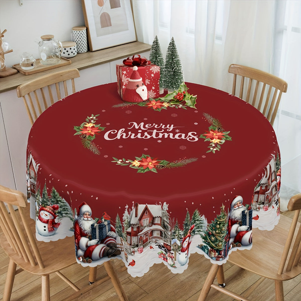 Christmas Holiday Tablecloth with Santa, Snowman, and Christmas Tree Design - Durable Polyester, Machine-Woven Rectangular Table Cover for Indoor & Outdoor Use