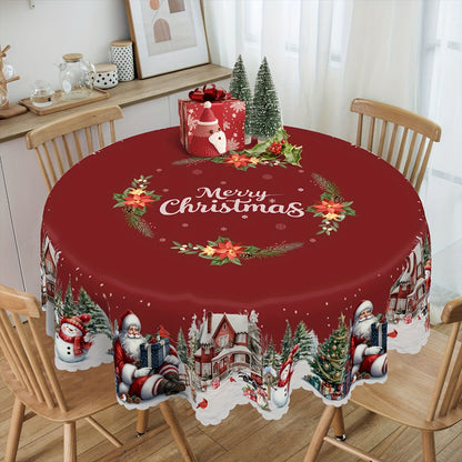 Christmas Holiday Tablecloth with Santa, Snowman, and Christmas Tree Design - Durable Polyester, Machine-Woven Rectangular Table Cover for Indoor & Outdoor Use