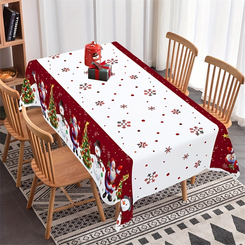 Festive Christmas Tablecloth - Santa, Snowman & Xmas Tree Design, 51x87 Disposable Plastic Cover for Holiday Dining & Décor