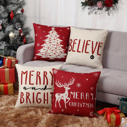 4-Piece Festive Deer Pillow Cases – Soft Linen Blend Decorative Covers for Living Room, Bedroom, and Couch