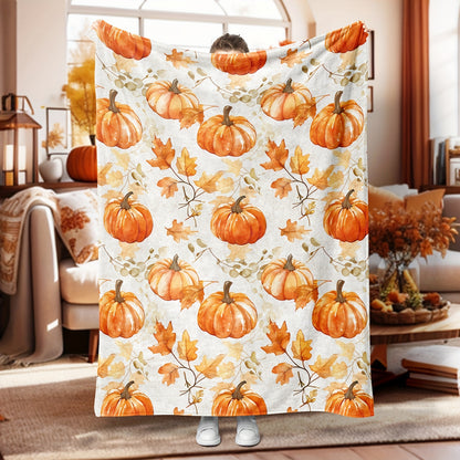 Cozy Flannel Thanksgiving Blanket – Rustic Pumpkin & Maple Leaf Design, Soft Fall Throw