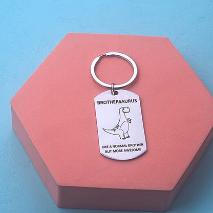 Brothersaurus Keychain - Stainless Steel Round Keychains with Fun Letter Design, Perfect for Brothers and Friends