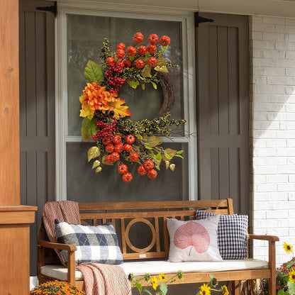 20 Inch Mini Fall Wreath with Pumpkins & Berries - Thanksgiving & Harvest Décor