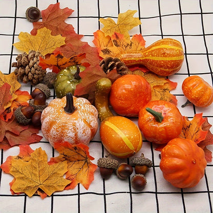 48-Piece Fall Decor Set – Artificial Pumpkins, Gourds, Acorns & Maple Leaves for Thanksgiving & Halloween