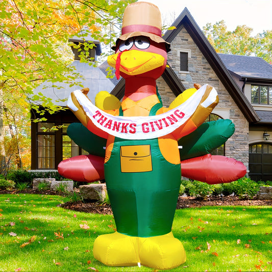 8ft Giant Thanksgiving Turkey Inflatable with LED Lights & Banner - Festive Yard Décor