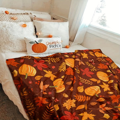 Cozy Flannel Throw Blanket – Pumpkin & Maple Leaf Design, Soft All-Season Comfort