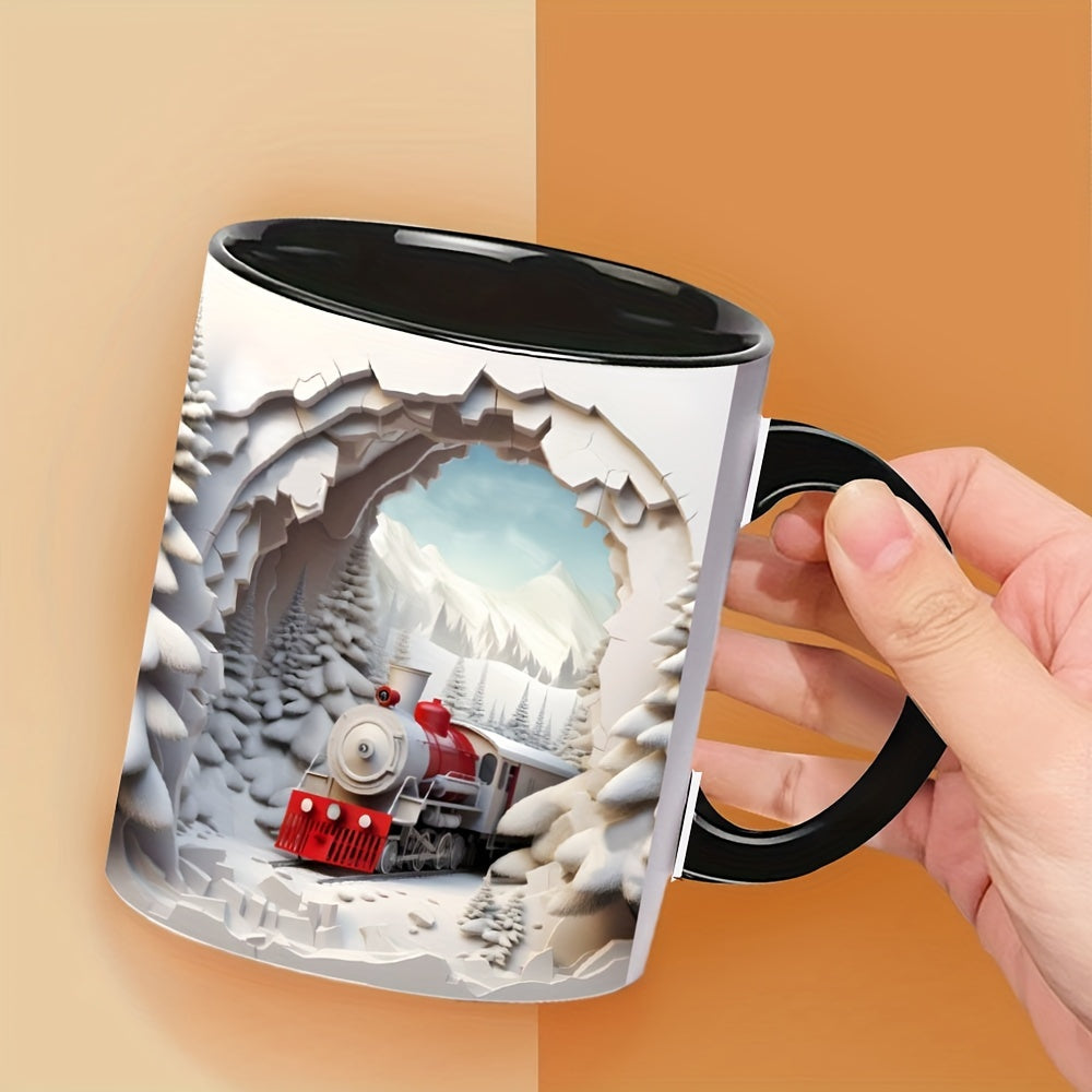 Christmas & Thanksgiving 3D Train Snow Scene Ceramic Coffee Mug, 11oz - Reusable, Machine Washable, Recyclable Material - Ideal for Juice, Milk, Holiday & Birthday Gifts