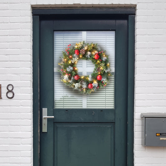 Pre-Lit Christmas Wreath with 20 Fairy Lights - Battery-Operated Holiday Wreath with Red Baubles, Pine Cones, Berries & Green Leaves