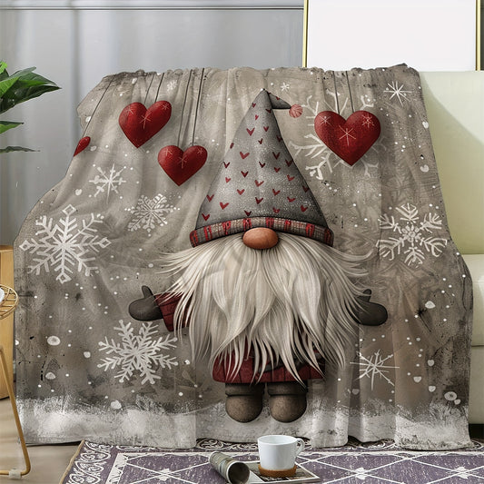 Vintage Christmas Gnome Flannel Blanket – Soft, Warm, and Comfortable Red Heart & Snowflake Print for All-Season Use