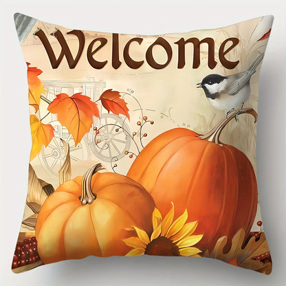 4PCS Autumn Harvest Pumpkin Floral Pillow Covers – Soft Polyester, 18x18" with Zipper Closure