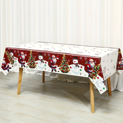 Festive Christmas Tablecloth - Santa, Snowman & Xmas Tree Design, 51x87 Disposable Plastic Cover for Holiday Dining & Décor