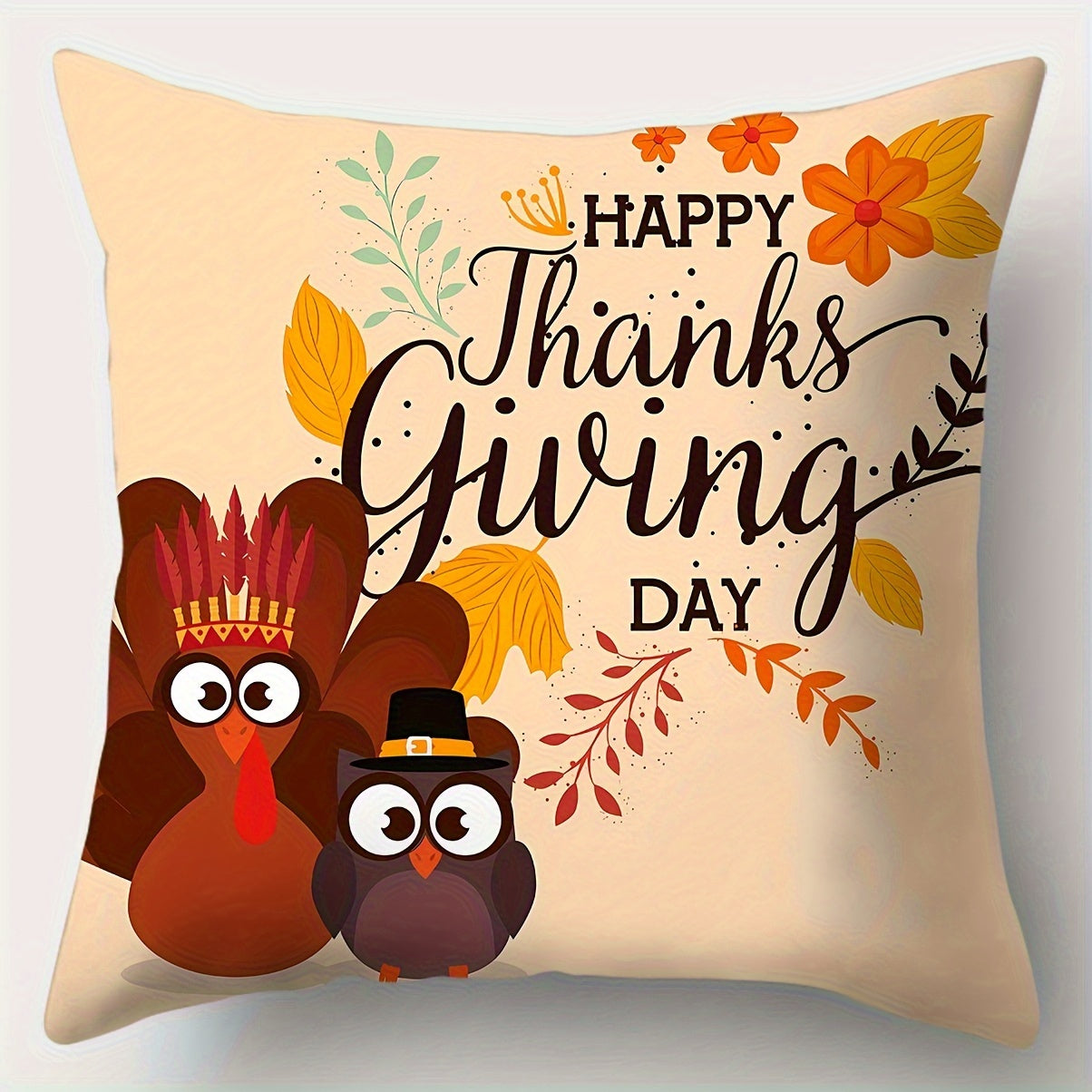 Contemporary Thanksgiving Throw Pillow Covers – Set of 4, Woven Turkey Print Design (18x18”)