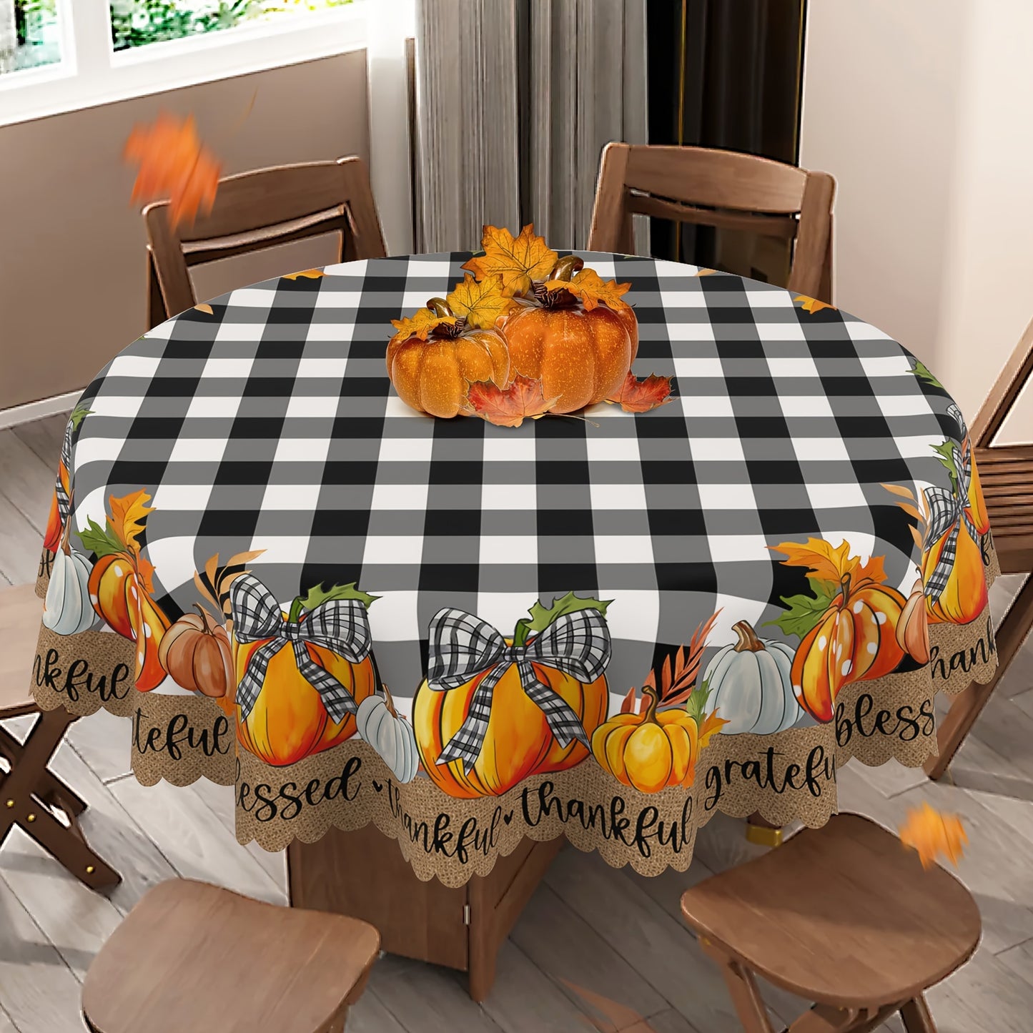 Autumn Thanksgiving Pumpkin & Plaid Black Tablecloth – PVC Coated Polyester