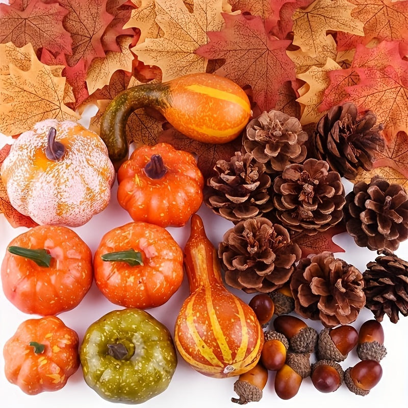 50-Piece Autumn Harvest Decor Set – Mini Faux Pumpkins, Gourds, Maple Leaves & Berries for Thanksgiving & Halloween