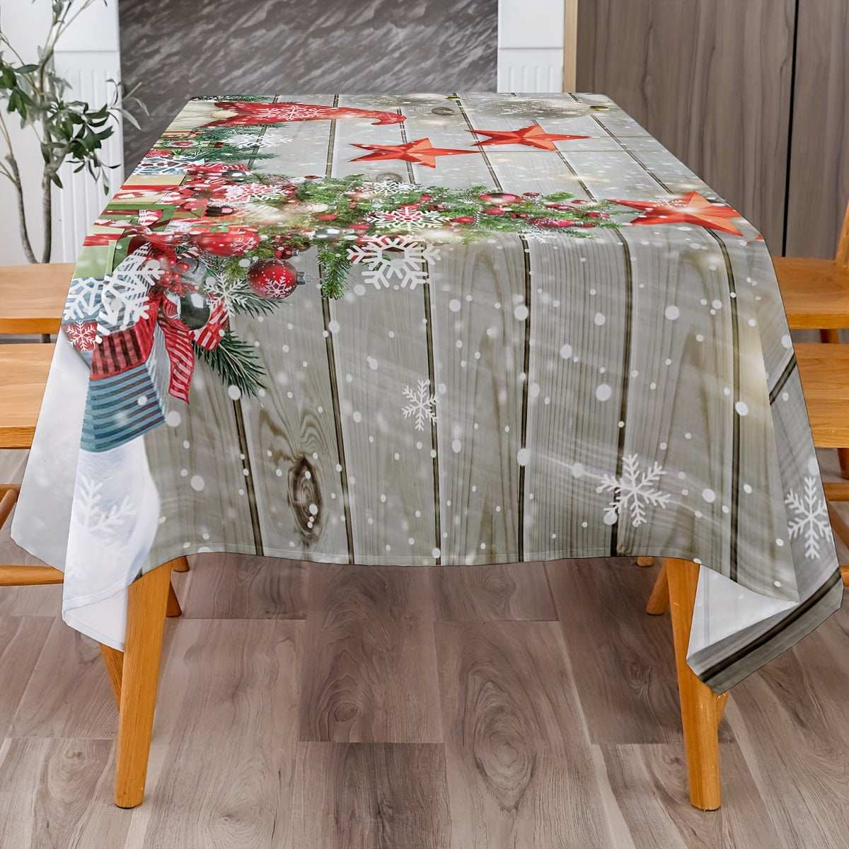 Merry Christmas Gnome & Snowflake Pattern Tablecloth - Festive Polyester Table Cover for Holiday Gatherings and Home Decor