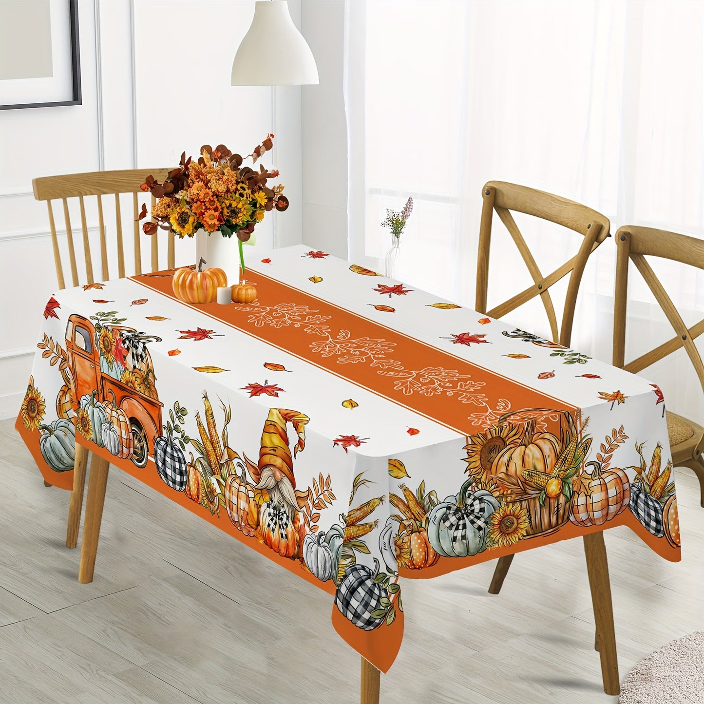 Autumn Harvest Tablecloth with Pumpkin, Maple Leaf & Birds Design – Machine-Woven Polyester with PVC Coating