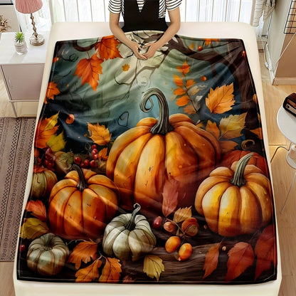 Thanksgiving Pumpkin & Maple Leaf Flannel Blanket – Cozy All-Season Throw for Home & Travel