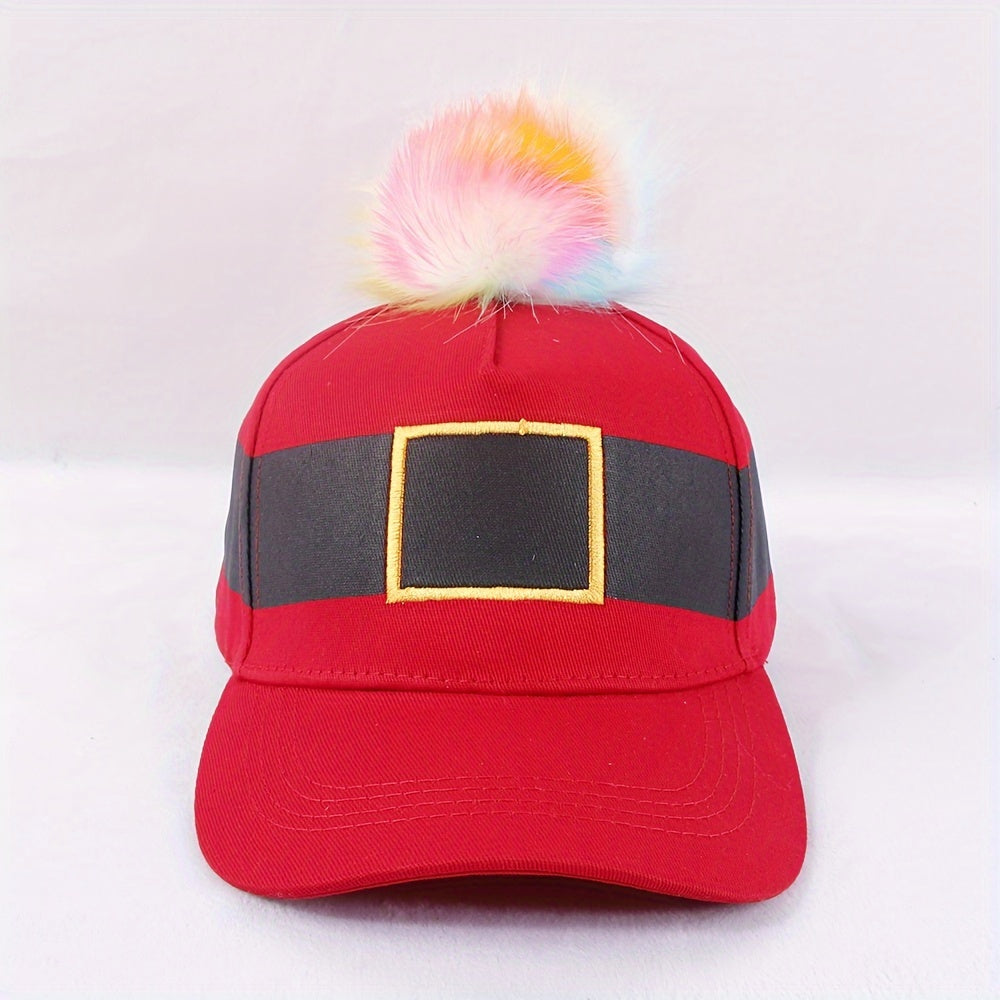 2PCS Santa Claus Christmas Party Belt Hat with Pom-Pom - Unisex Cotton Baseball Cap - Festive Holiday Fashion Accessory