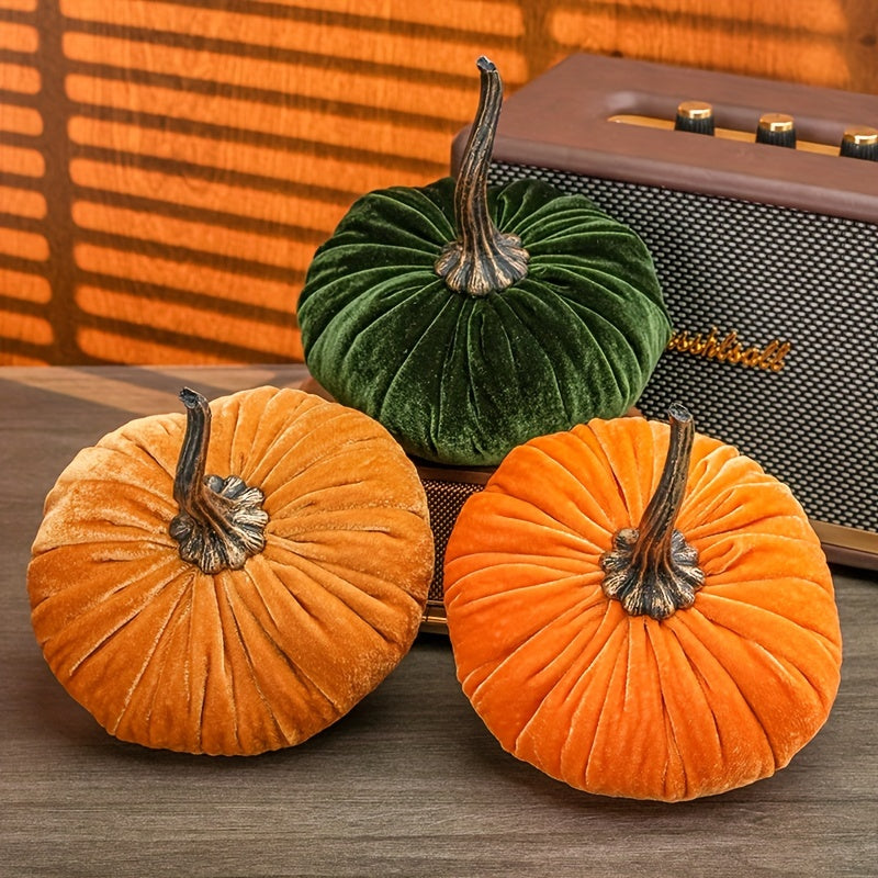 3-Piece Handcrafted Velvet Pumpkin Set – Elegant Fall Decor for Halloween, Thanksgiving, and Harvest Season